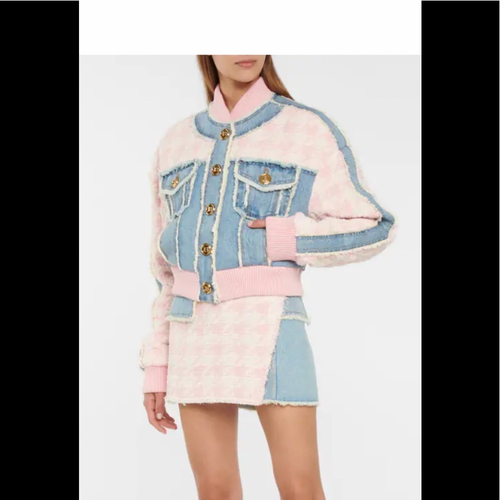 Balmain denim /tweed cropped bomber jacket NWT